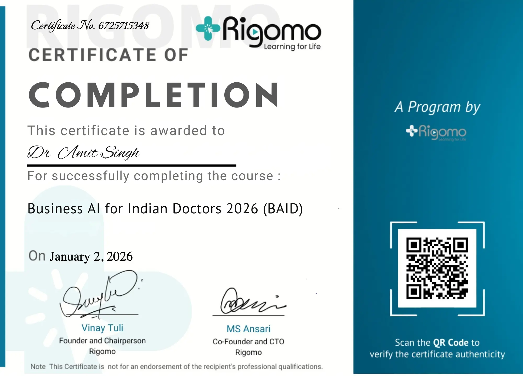 Business AI for Indian Doctors 2026 – Certificate of Completion